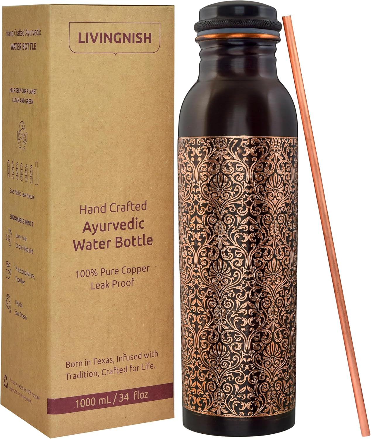 Pure Copper Water Bottle – 34oz Wide Mouth Hammered Ayurvedic Vessel with Straw