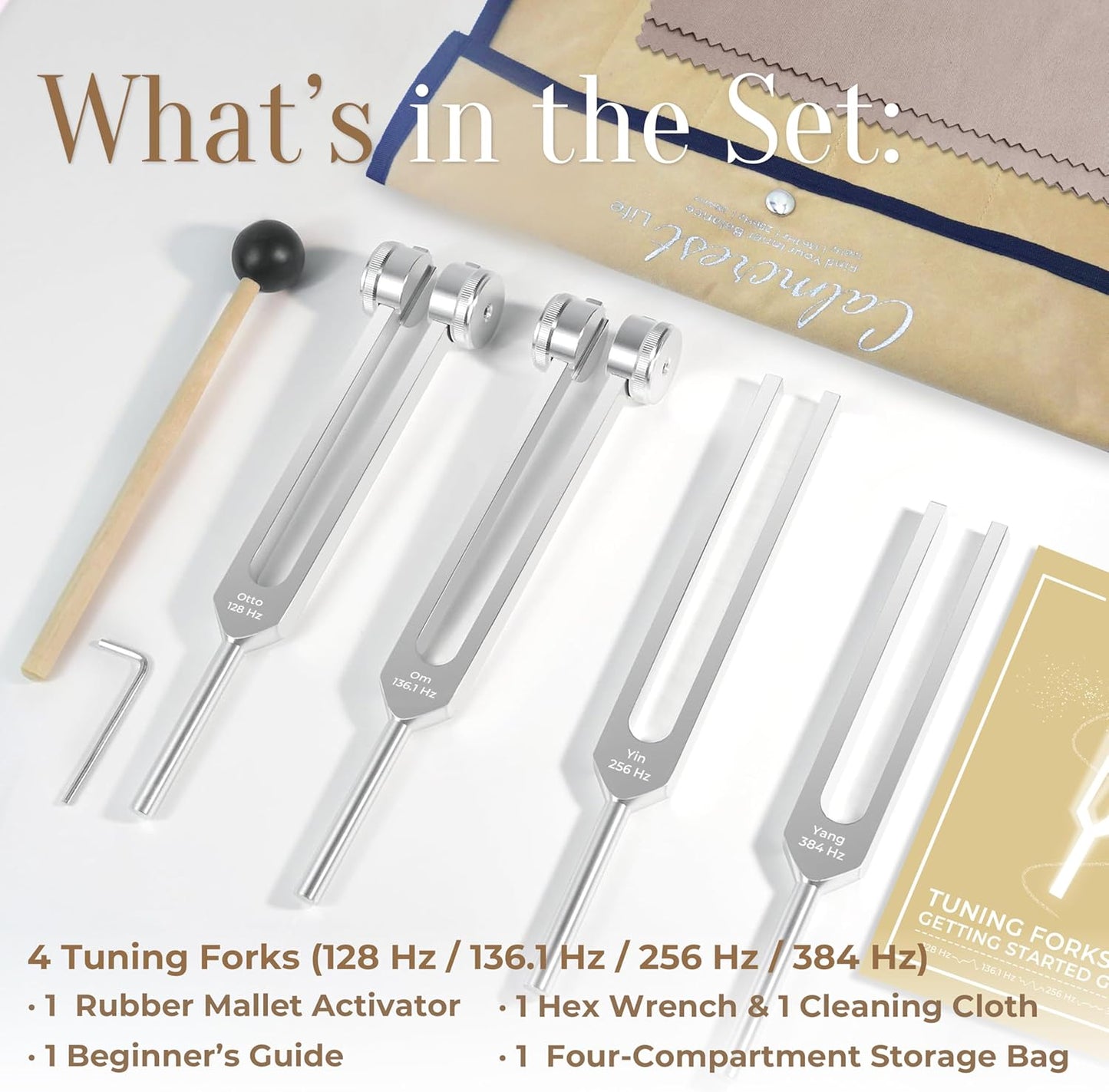 Healing Tuning Fork Set – 128Hz, 136.1Hz, 256Hz & 384Hz | Weighted & Unweighted with Mallet & Bag