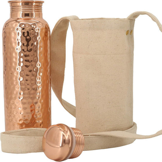 Pure Copper Water Bottle (34oz / 1000ml) with Canvas Carry Bag – Handmade Hammered, Leak-Proof & Eco-Friendly