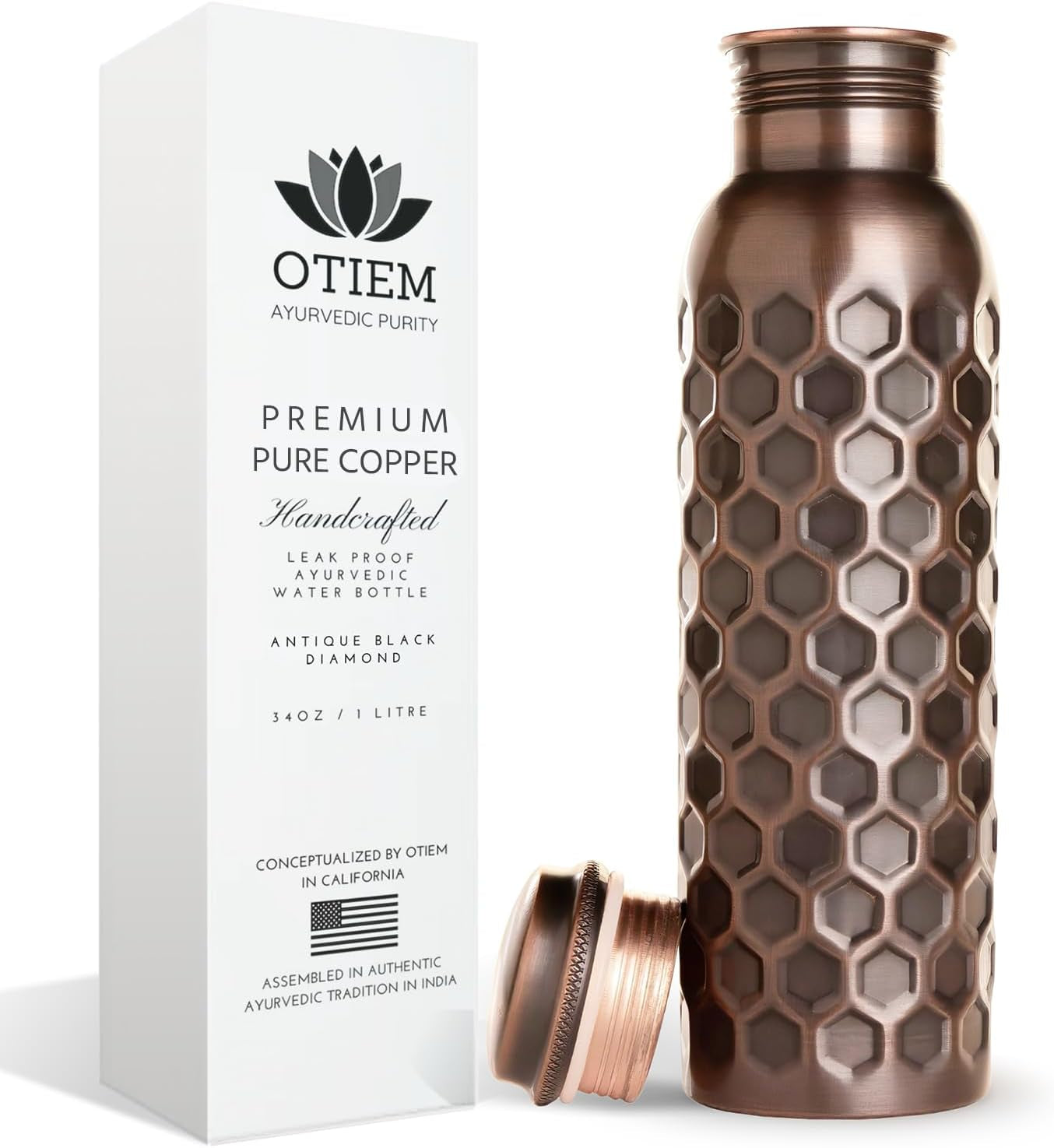 Pure Copper Water Bottle – 34oz Hammered Ayurvedic Vessel, Leak-Proof & Eco-Friendly Design
