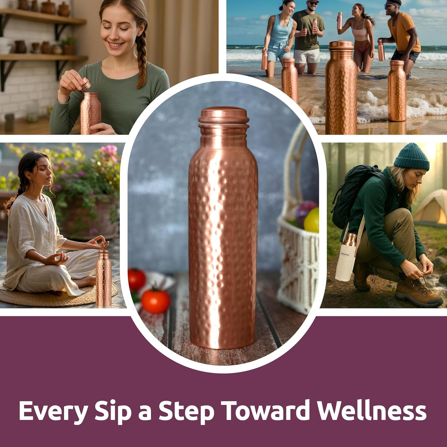 Pure Copper Water Bottle – 34oz Wide Mouth Hammered Ayurvedic Vessel with Straw