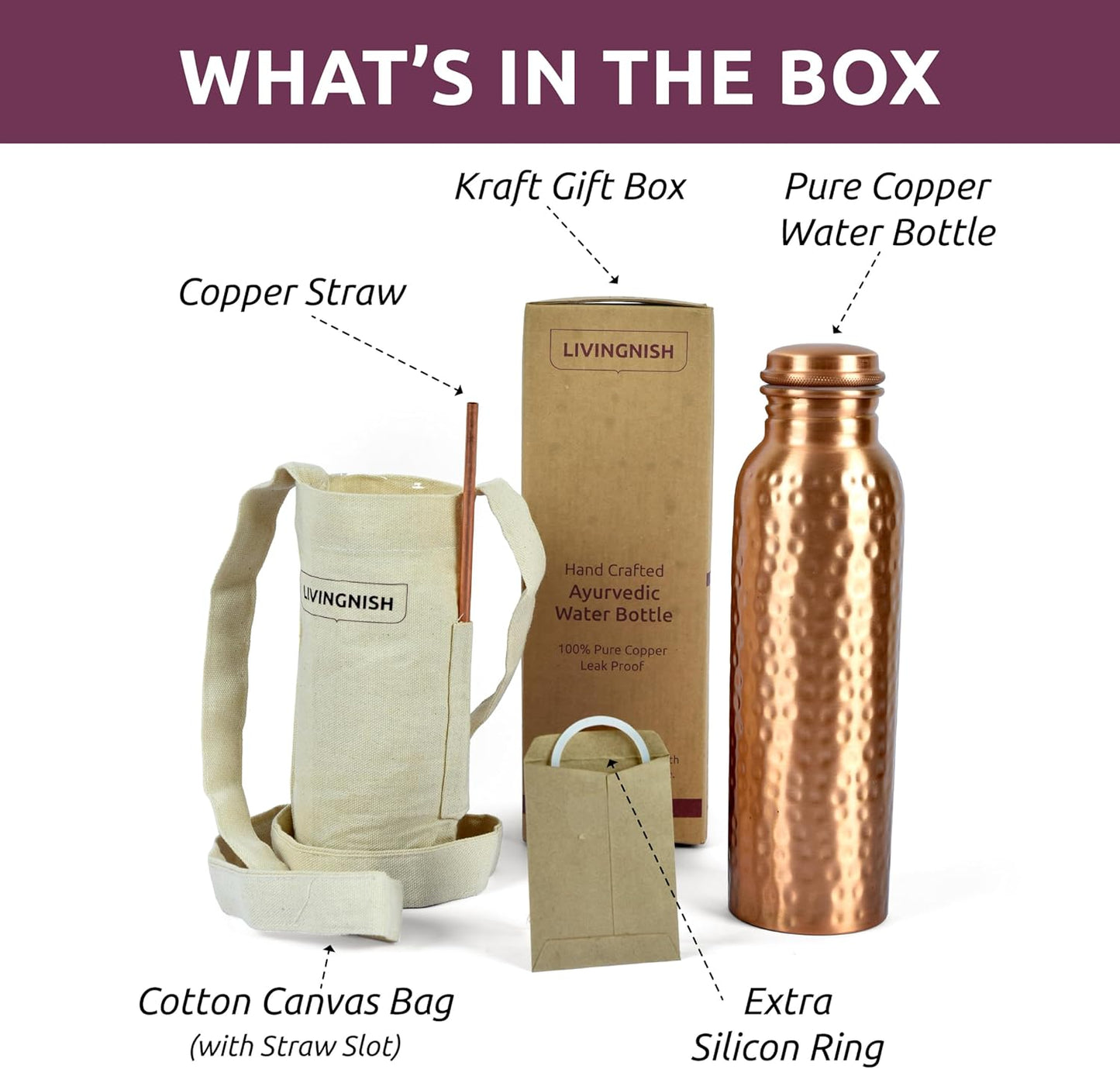 Pure Copper Water Bottle – 34oz Wide Mouth Hammered Ayurvedic Vessel with Straw