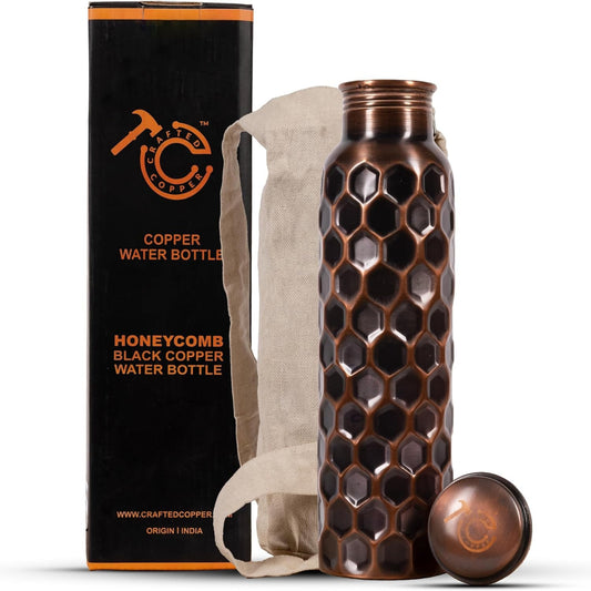 Pure Copper Water Bottle – 34oz Honeycomb Ayurvedic Vessel with Carry Pouch