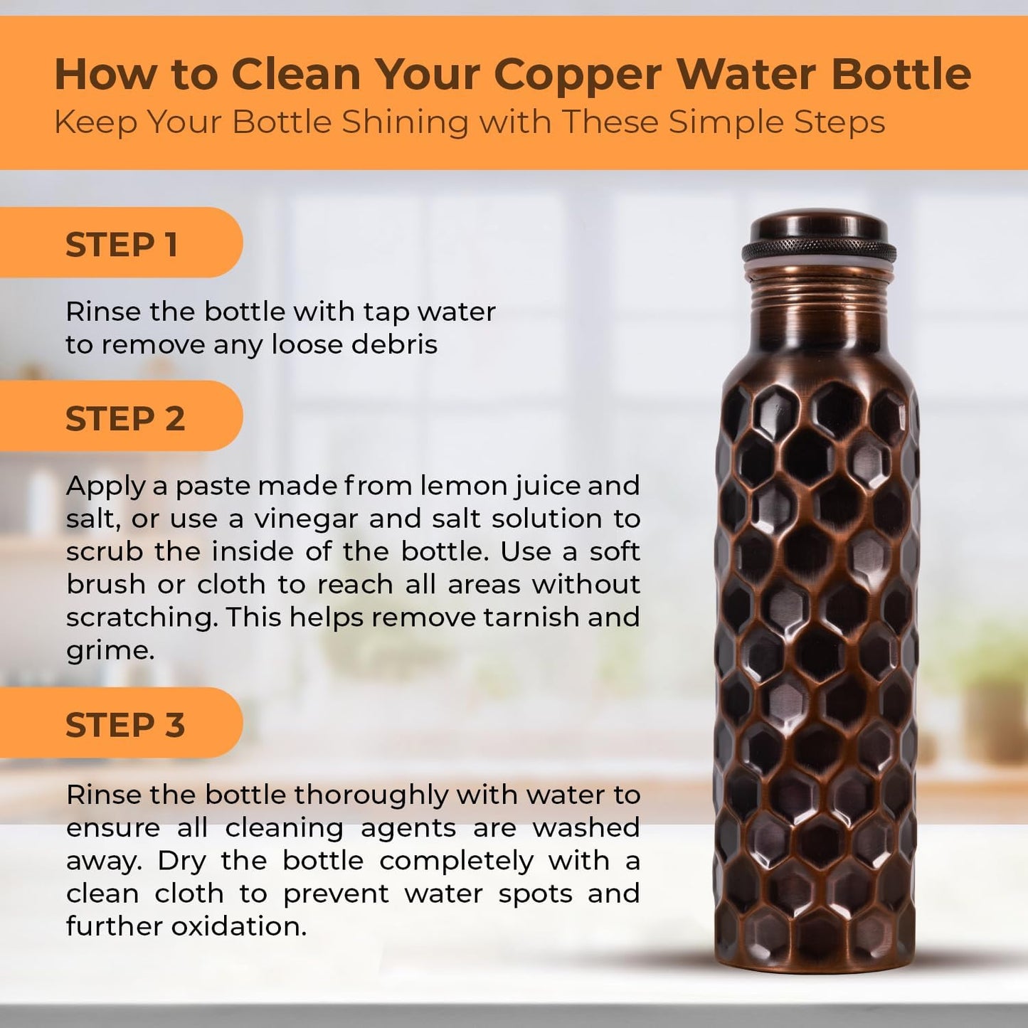 Pure Copper Water Bottle – 34oz Honeycomb Ayurvedic Vessel with Carry Pouch