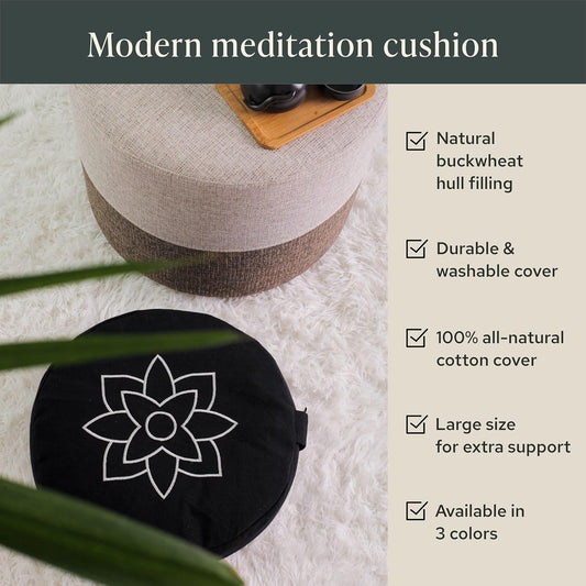 Mindful & Modern Large Meditation Cushion — Crescent Zafu with Buckwheat Fill