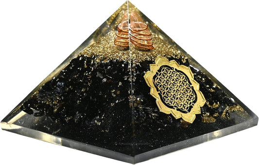 Black Tourmaline Orgone Pyramid – Lotus Flower of Life Energy Generator for Protection & Healing