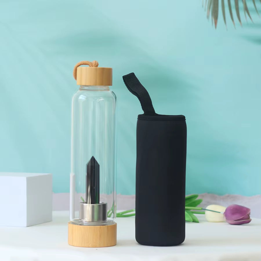 Water Bottle Natural Crystal Stone Diamond Point Healing Obelisk Wand Healing Elixir Quartz Crystal Gem Colors Rope Gemstone Cup