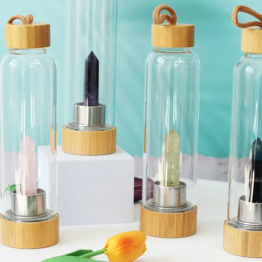 Water Bottle Natural Crystal Stone Diamond Point Healing Obelisk Wand Healing Elixir Quartz Crystal Gem Colors Rope Gemstone Cup