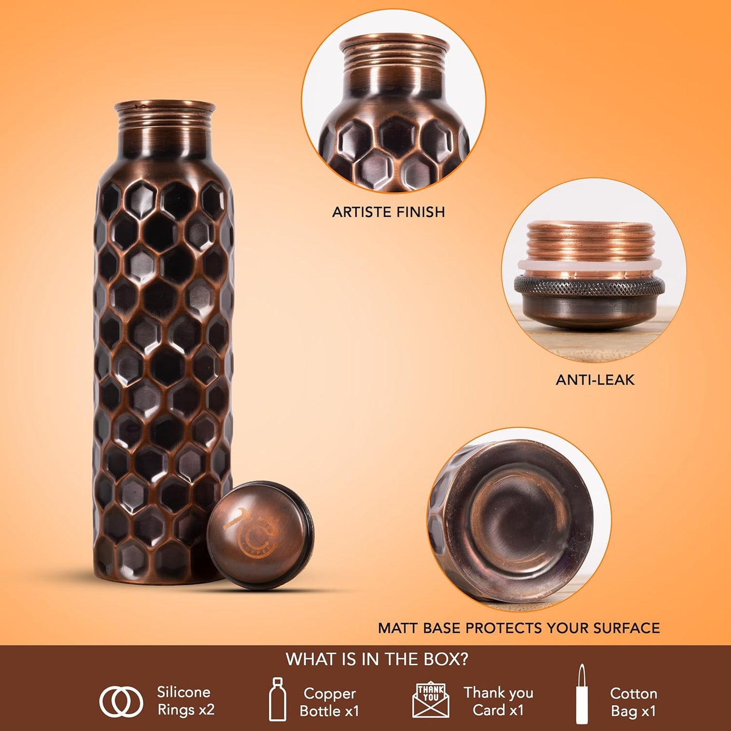 Pure Copper Water Bottle – 34oz Honeycomb Ayurvedic Vessel with Carry Pouch