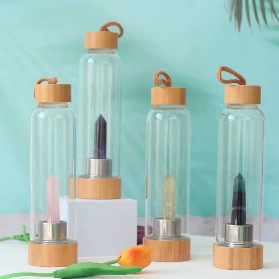 Water Bottle Natural Crystal Stone Diamond Point Healing Obelisk Wand Healing Elixir Quartz Crystal Gem Colors Rope Gemstone Cup