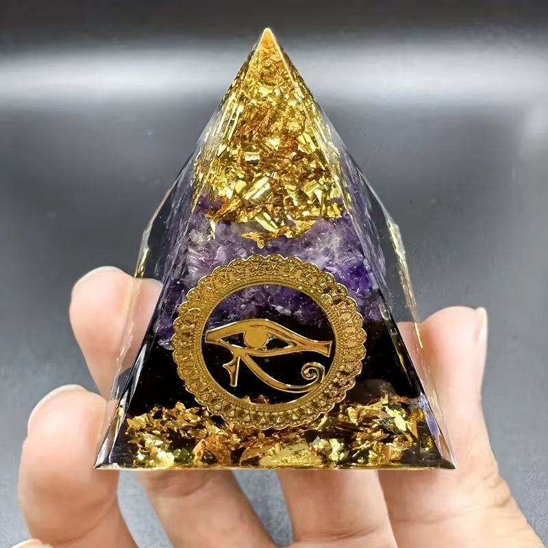 Orgone Amethyst Pyramid with Eye of Horus – Energy Healing & Protection Crystal (5cm)