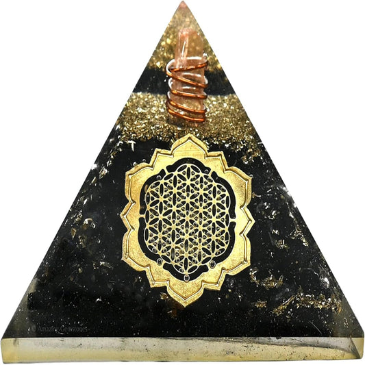 Black Tourmaline Orgone Pyramid – Lotus Flower of Life Energy Generator for Protection & Healing