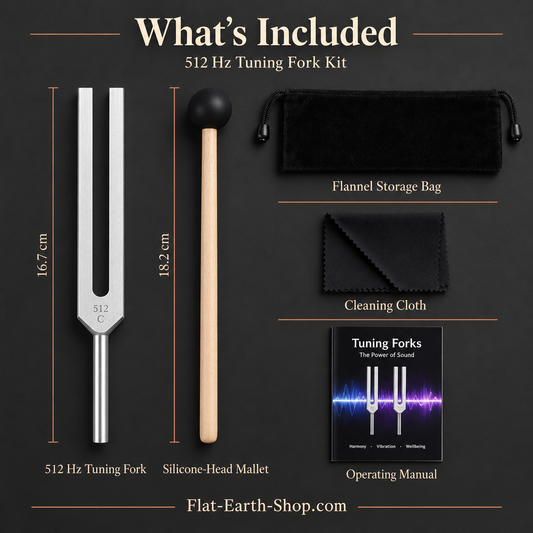 Labeled layout of a tuning fork marked 512 C, mallet, black pouch, cloth and booklet.