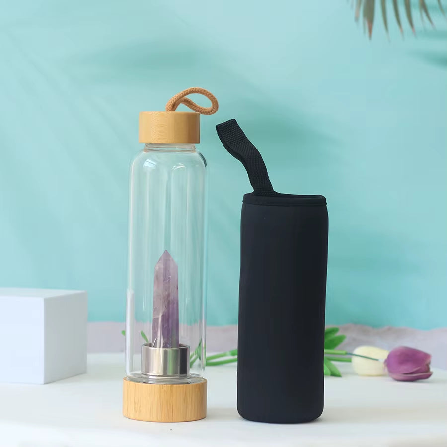 Water Bottle Natural Crystal Stone Diamond Point Healing Obelisk Wand Healing Elixir Quartz Crystal Gem Colors Rope Gemstone Cup