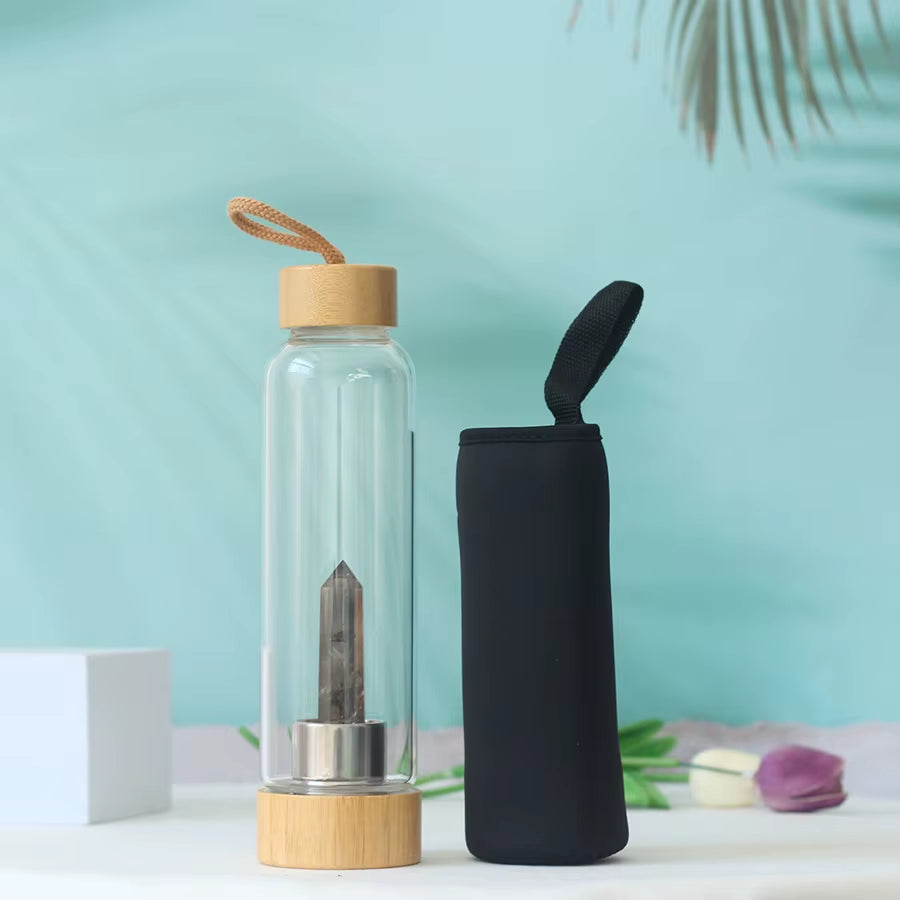 Water Bottle Natural Crystal Stone Diamond Point Healing Obelisk Wand Healing Elixir Quartz Crystal Gem Colors Rope Gemstone Cup