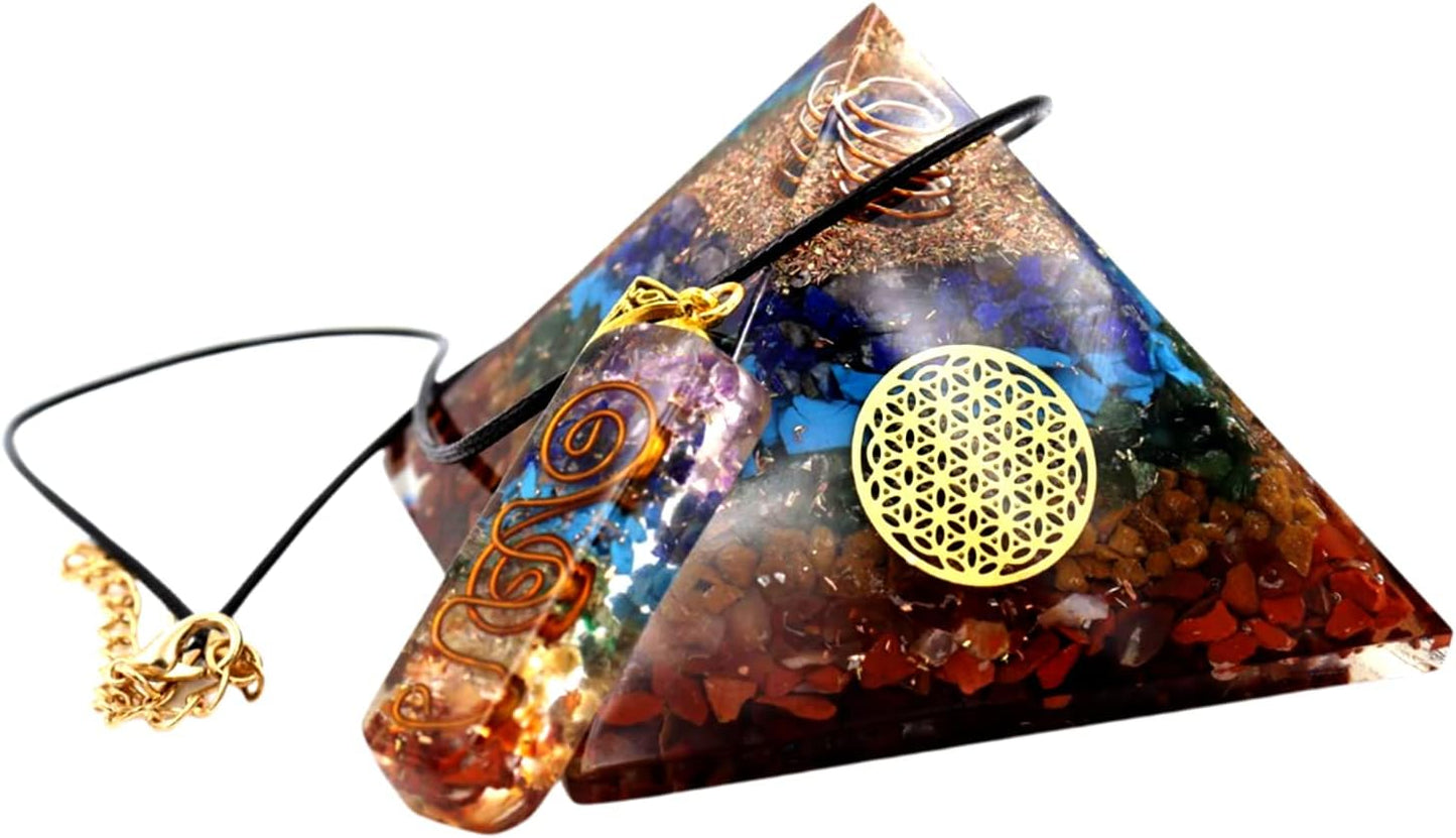 Seven Chakra Orgone Pyramid Set β Energy Healing & Protection Kit with Chakra Necklace