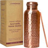 Pure Copper Water Bottle – 34oz Wide Mouth Hammered Ayurvedic Vessel with Straw