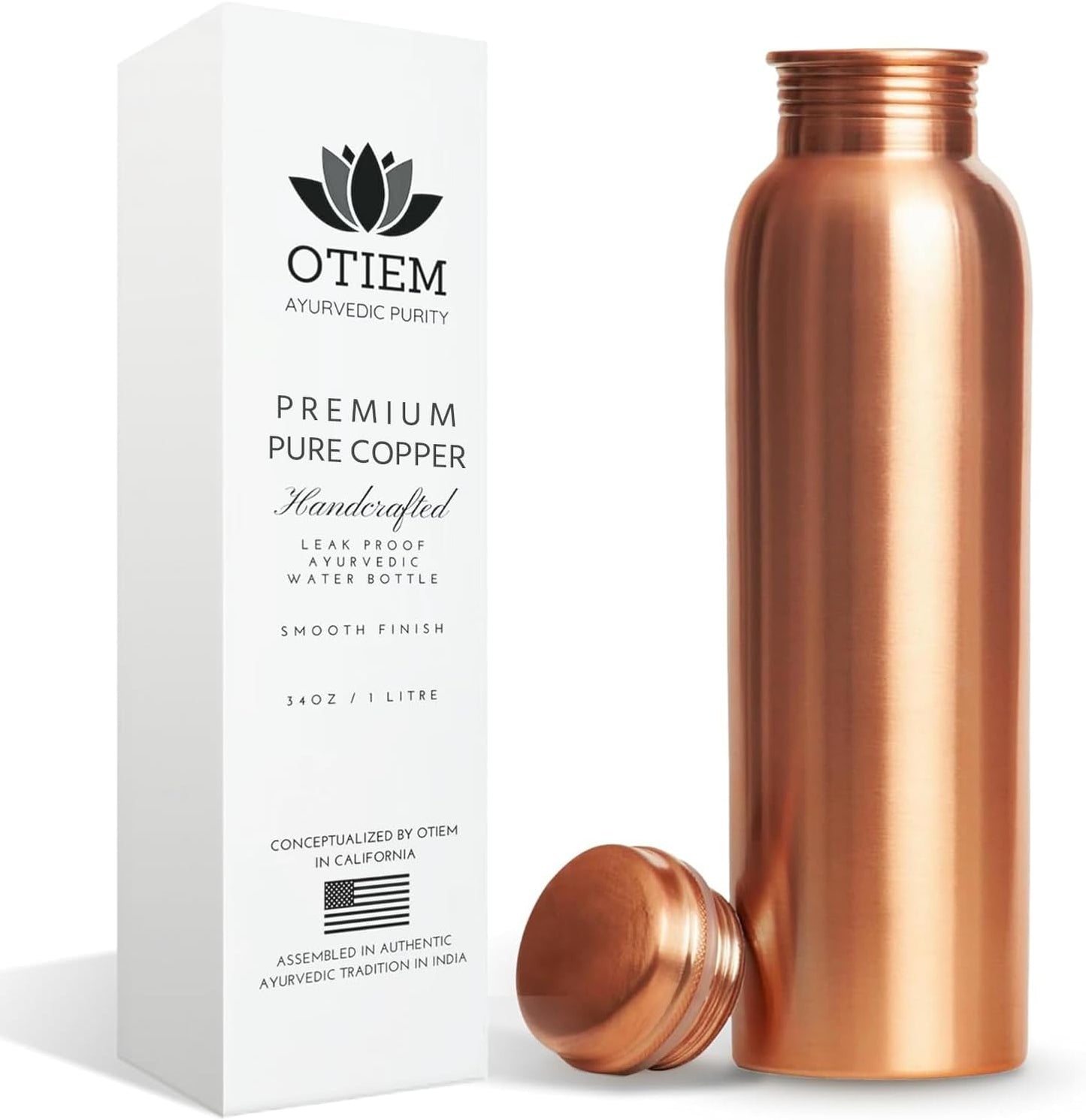 Pure Copper Water Bottle – 34oz Hammered Ayurvedic Vessel, Leak-Proof & Eco-Friendly Design