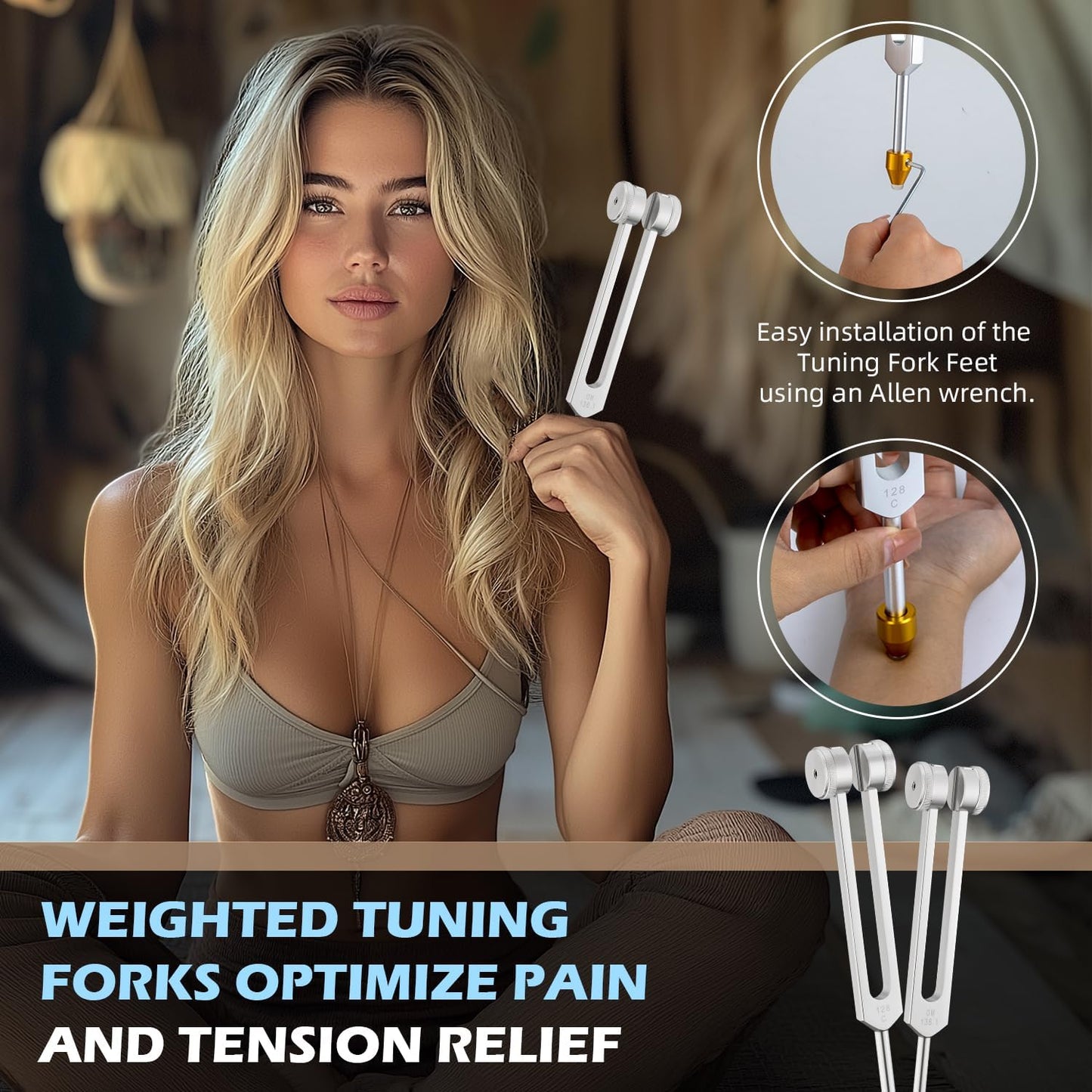 Healing Tuning Fork Set – 128Hz, 136.1Hz, 256Hz & 384Hz with Activators & Vegan Leather Pouch
