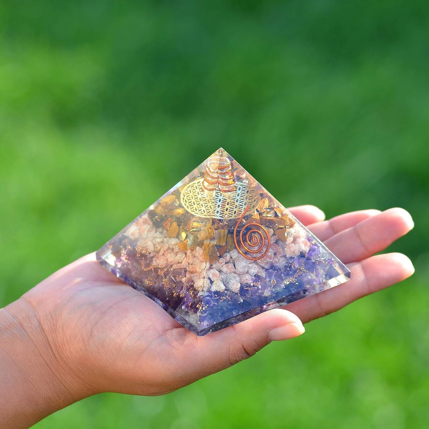 Orgone Iron Will Pyramid — Tiger Eye, Sunstone & Amethyst Energy Generator