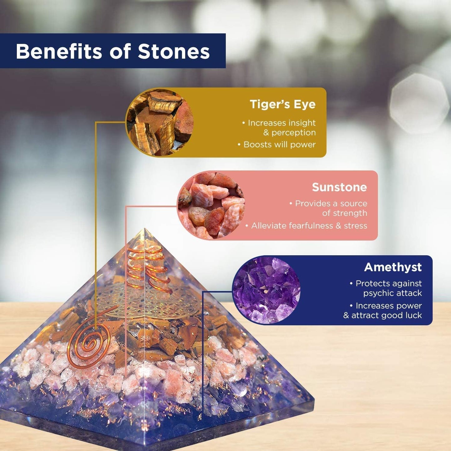 Orgone Iron Will Pyramid — Tiger Eye, Sunstone & Amethyst Energy Generator