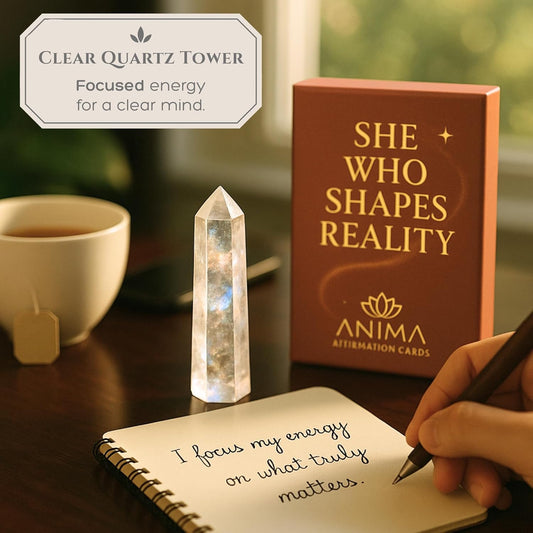 Premium Clear Quartz Crystal Set – Tower, Raw Stone & Cluster with Wooden Gift Box & Info Card