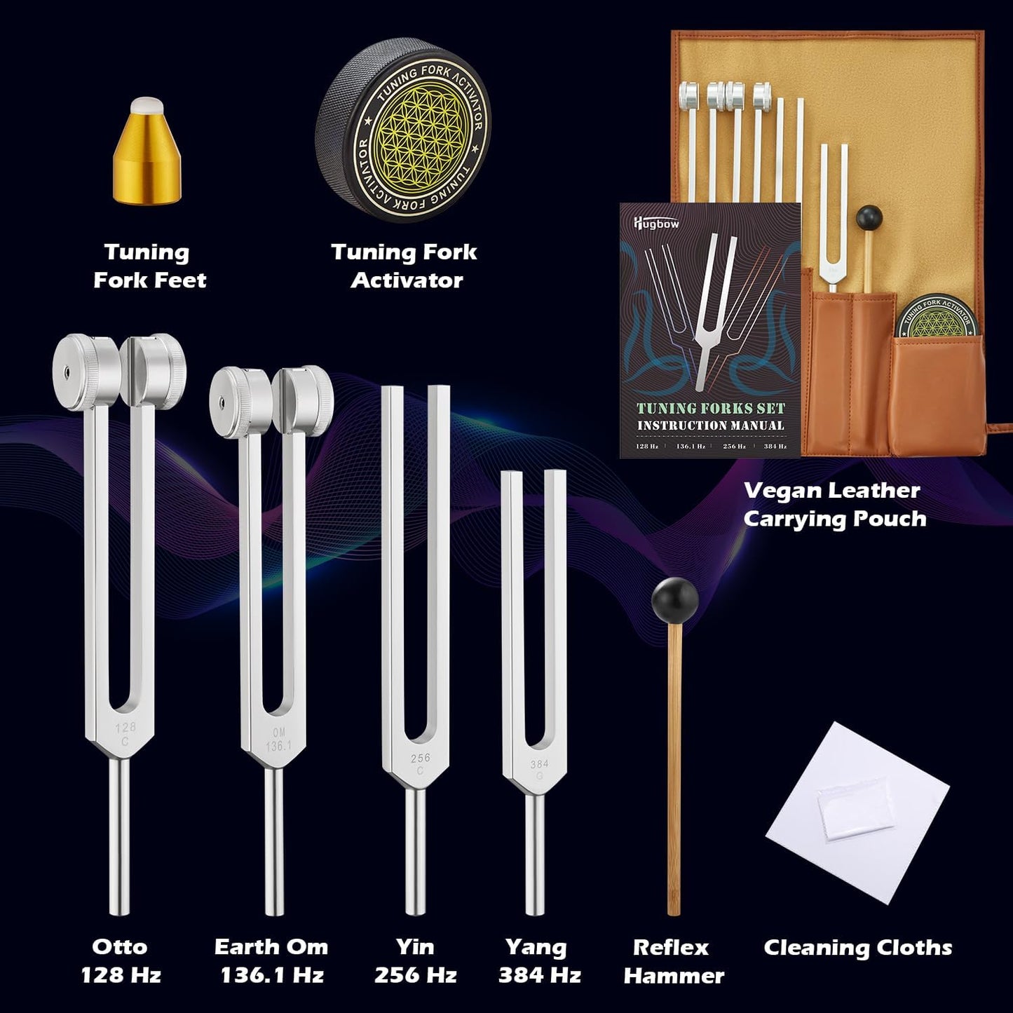 Healing Tuning Fork Set – 128Hz, 136.1Hz, 256Hz & 384Hz with Activators & Vegan Leather Pouch