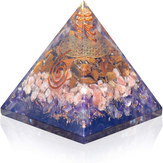 Orgone Iron Will Pyramid — Tiger Eye, Sunstone & Amethyst Energy Generator