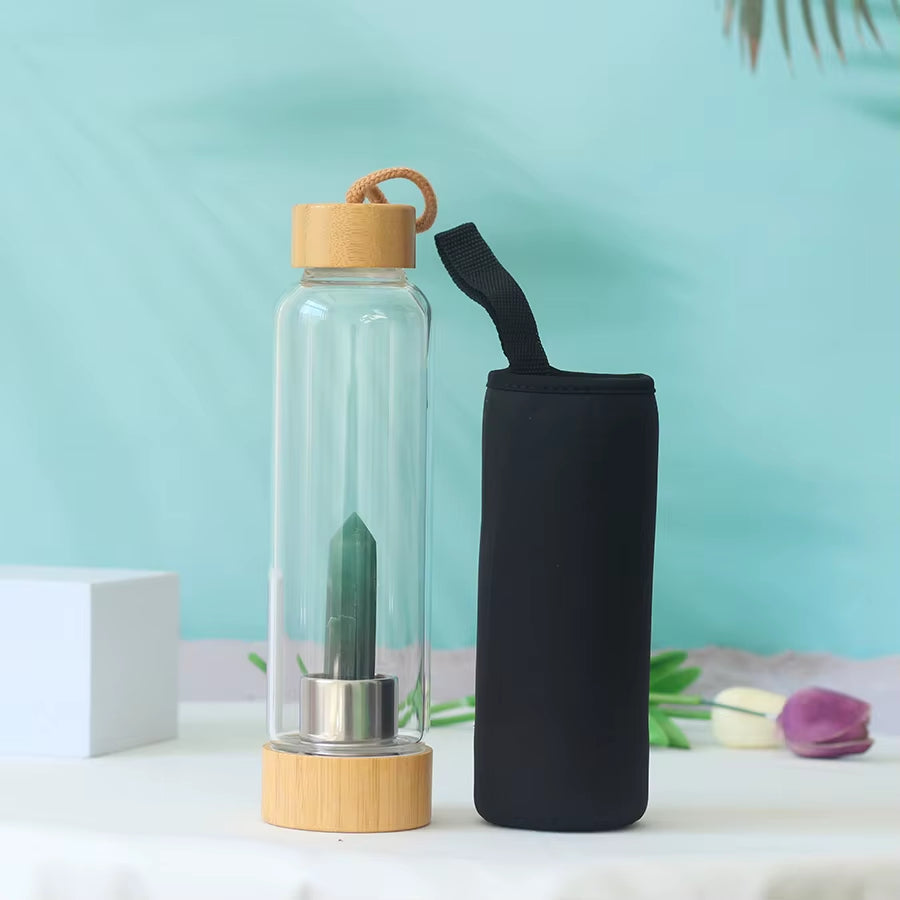 Water Bottle Natural Crystal Stone Diamond Point Healing Obelisk Wand Healing Elixir Quartz Crystal Gem Colors Rope Gemstone Cup
