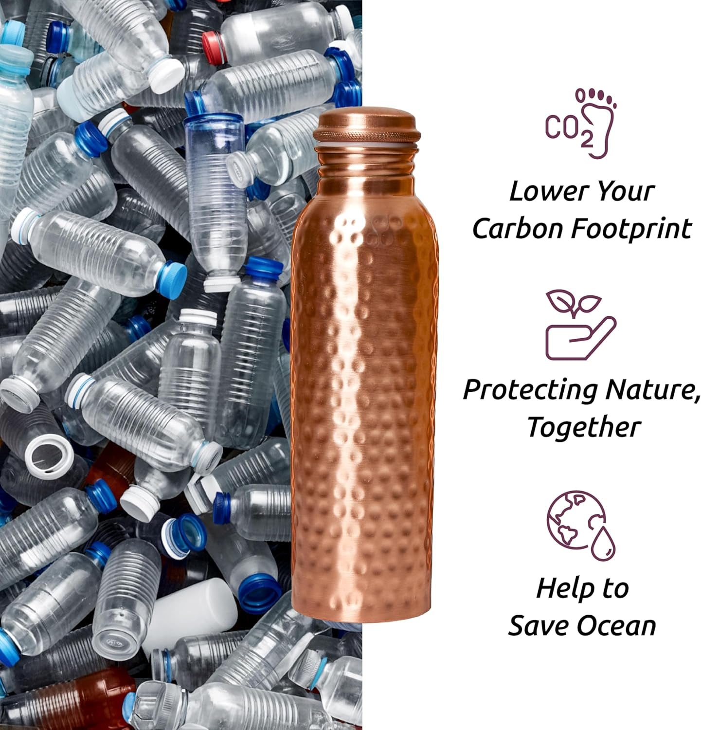 Pure Copper Water Bottle – 34oz Wide Mouth Hammered Ayurvedic Vessel with Straw