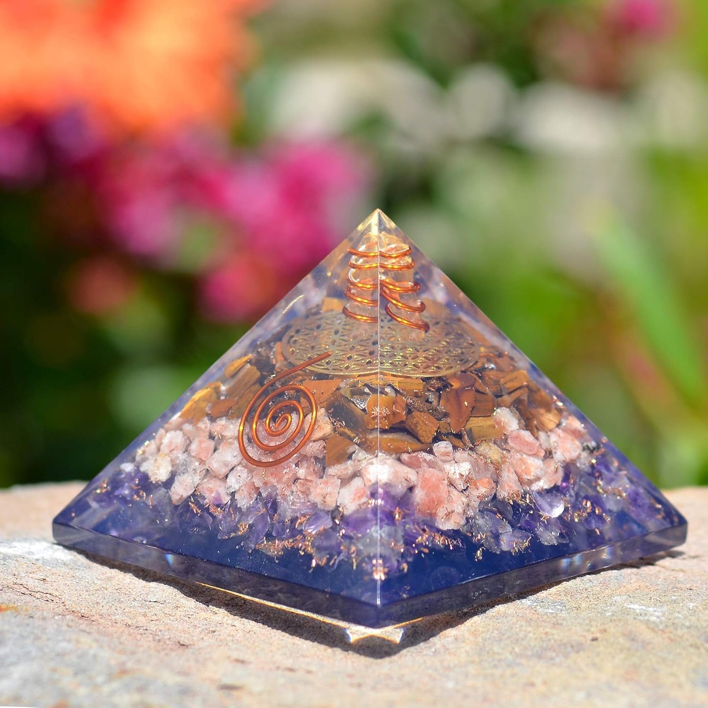 Orgone Iron Will Pyramid — Tiger Eye, Sunstone & Amethyst Energy Generator