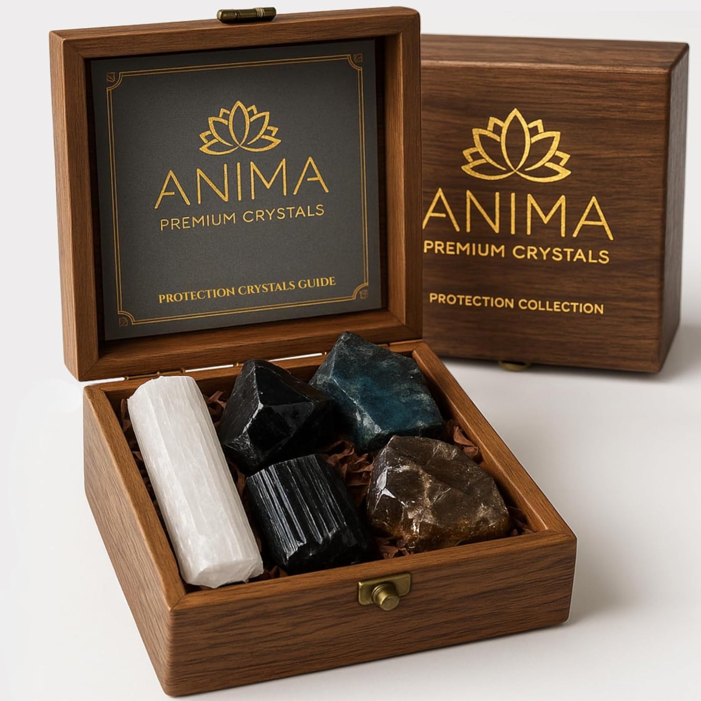 Premium Clear Quartz Crystal Set – Tower, Raw Stone & Cluster with Wooden Gift Box & Info Card