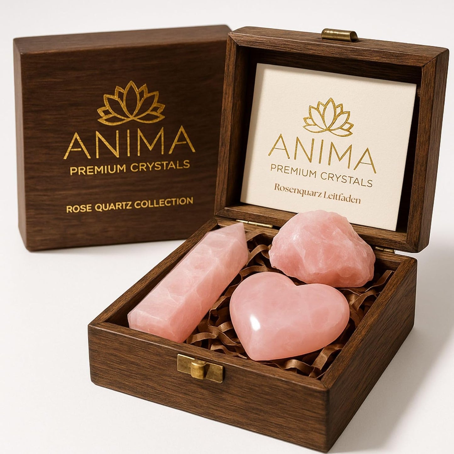 Premium Clear Quartz Crystal Set – Tower, Raw Stone & Cluster with Wooden Gift Box & Info Card
