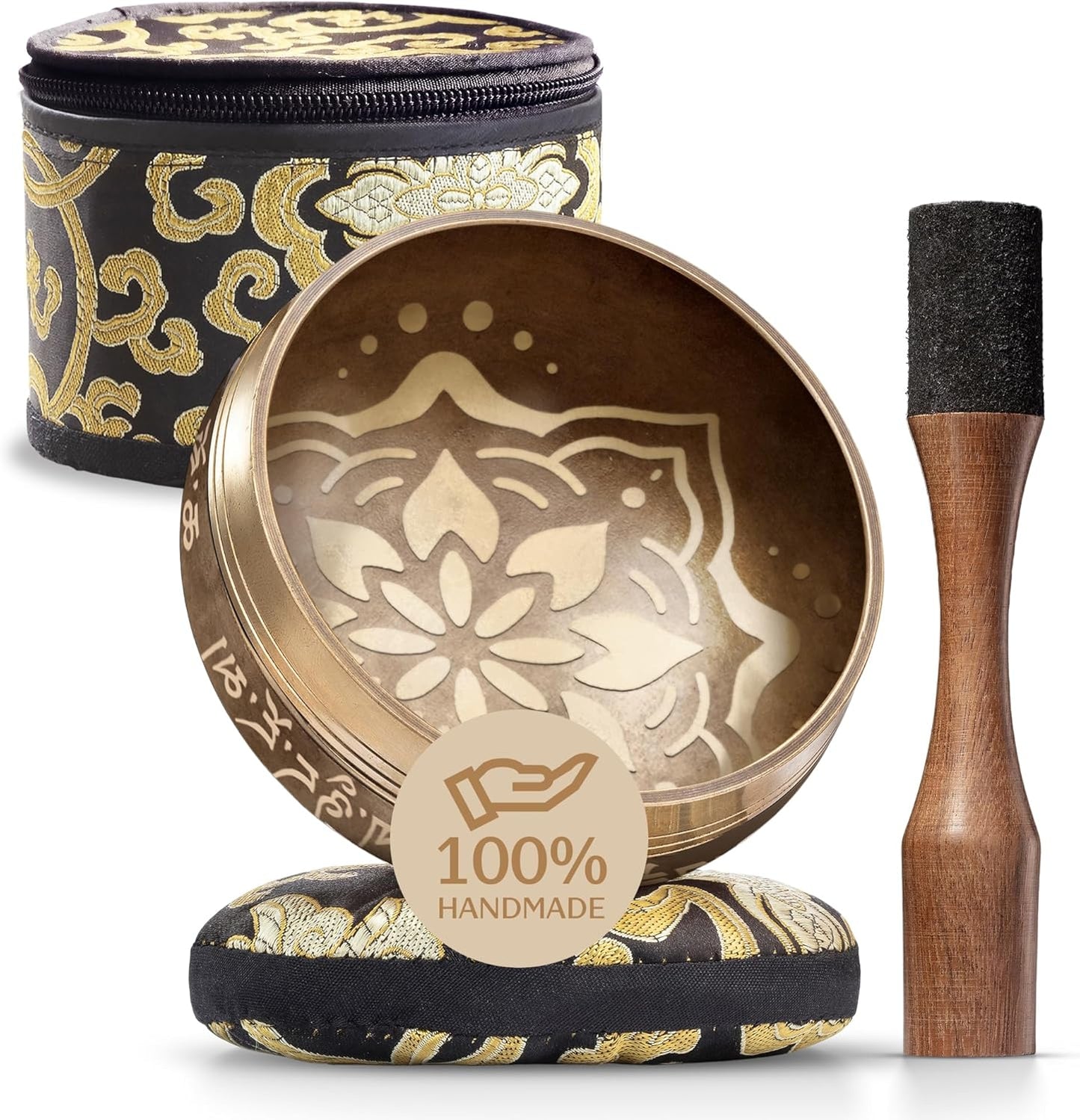 Handmade Tibetan Singing Bowl Set — Etched Himalayan Sound Healing Instrument with Case