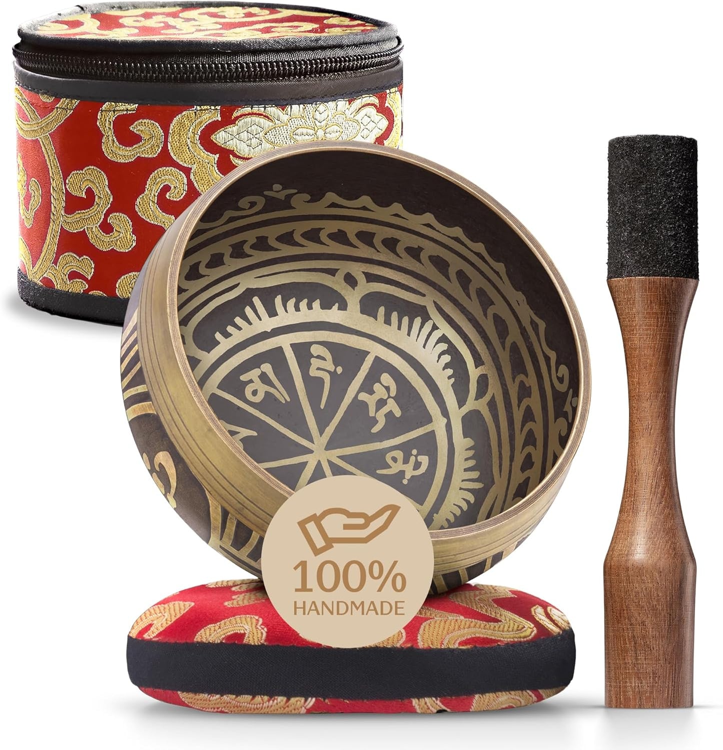Handmade Tibetan Singing Bowl Set — Etched Himalayan Sound Healing Instrument with Case