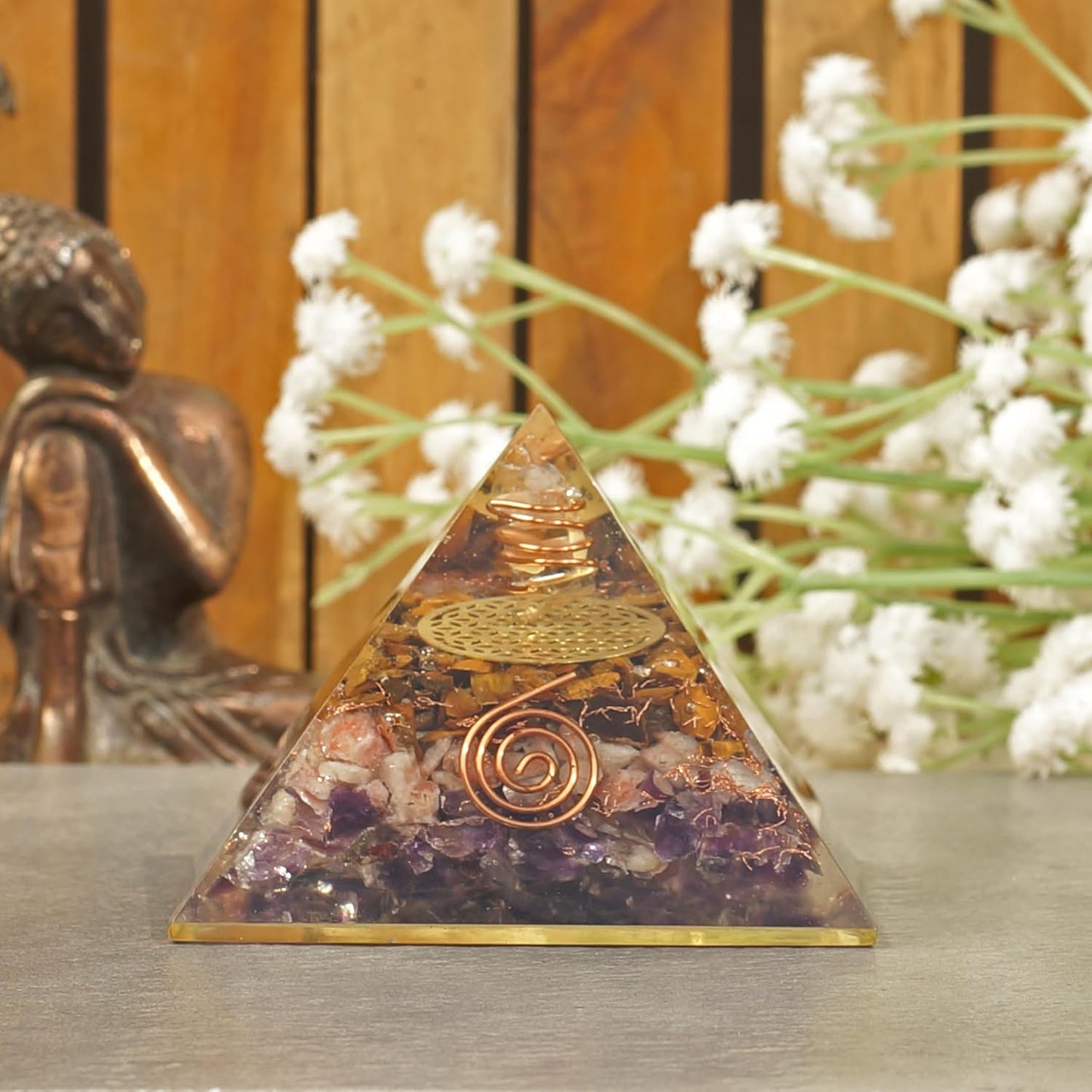 Orgone Iron Will Pyramid — Tiger Eye, Sunstone & Amethyst Energy Generator