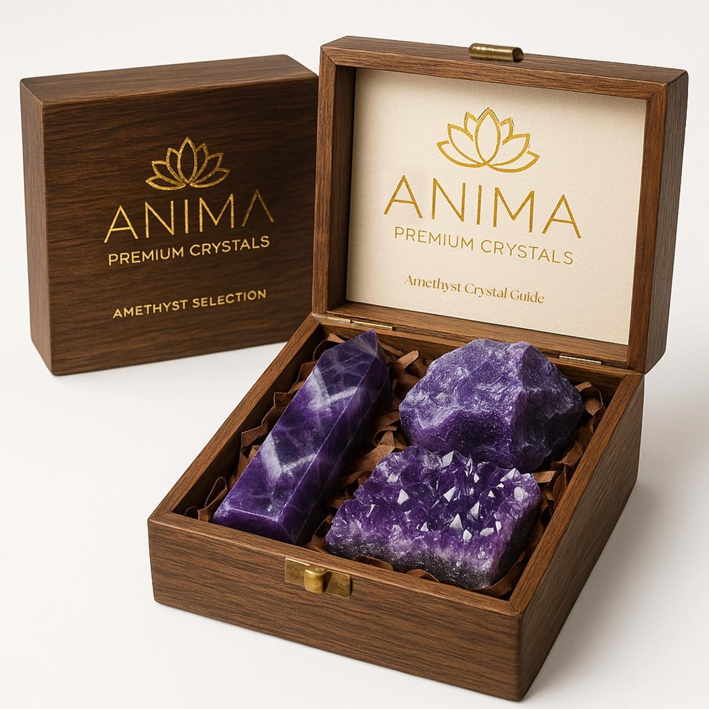 Premium Clear Quartz Crystal Set – Tower, Raw Stone & Cluster with Wooden Gift Box & Info Card