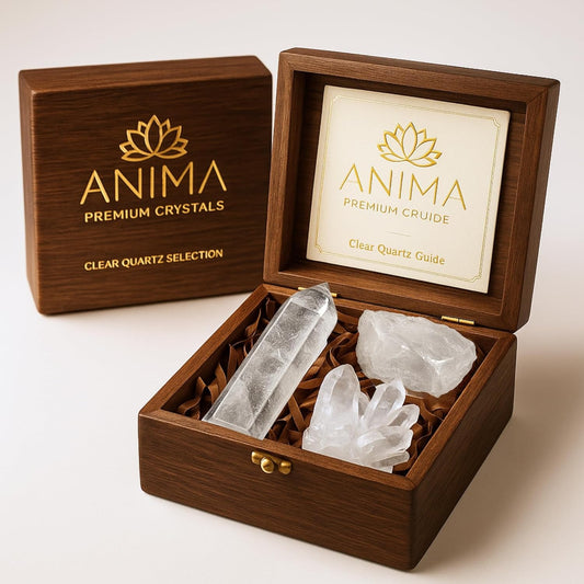 Premium Clear Quartz Crystal Set – Tower, Raw Stone & Cluster with Wooden Gift Box & Info Card