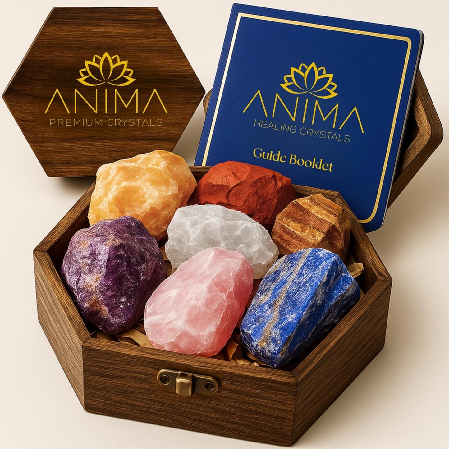 Premium Clear Quartz Crystal Set – Tower, Raw Stone & Cluster with Wooden Gift Box & Info Card