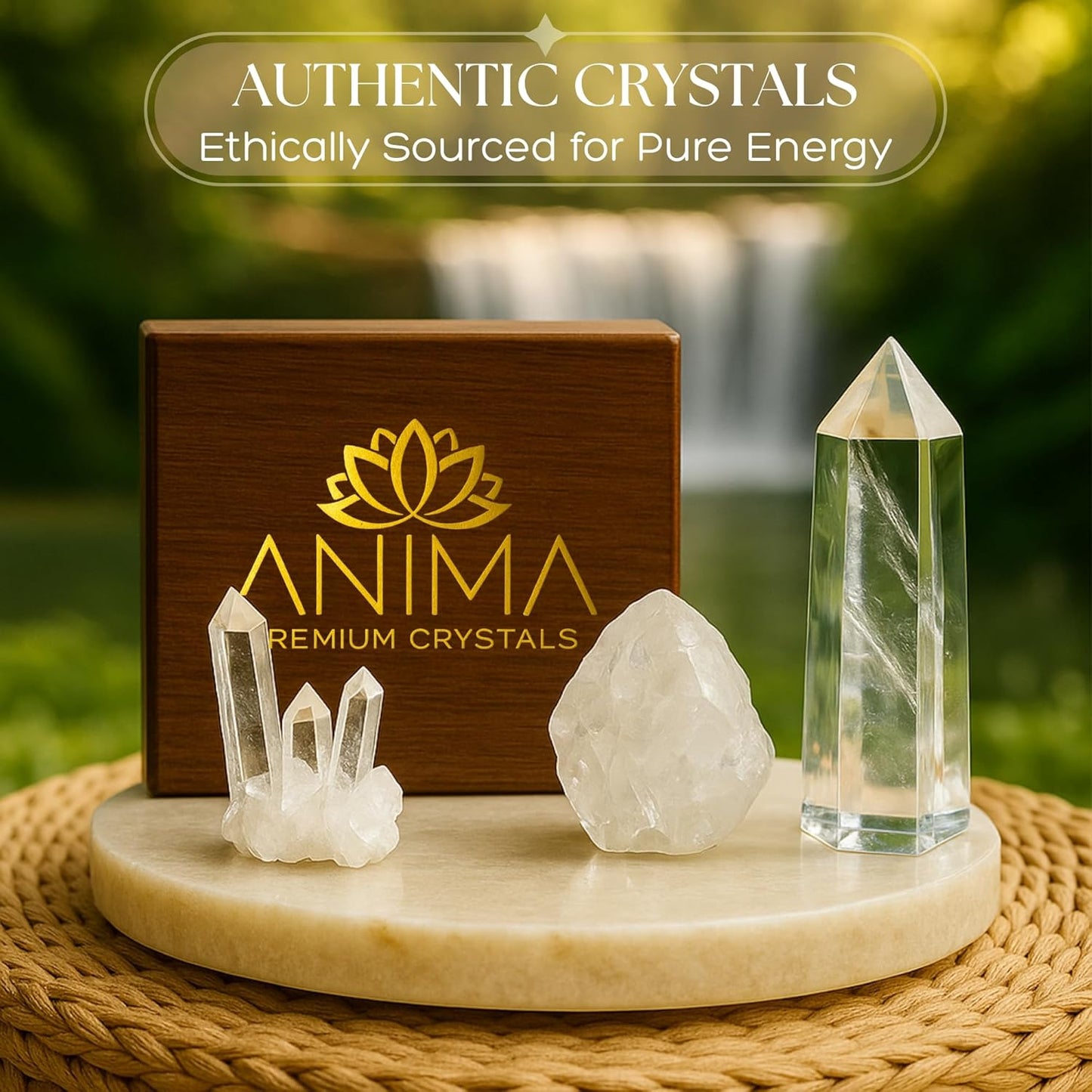 Premium Clear Quartz Crystal Set – Tower, Raw Stone & Cluster with Wooden Gift Box & Info Card