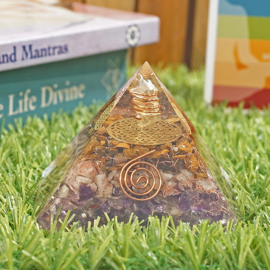 Orgone Iron Will Pyramid — Tiger Eye, Sunstone & Amethyst Energy Generator