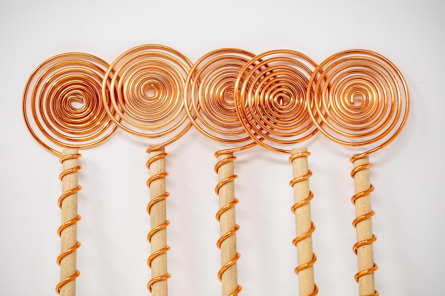 Electroculture Garden Antennas – 12" Copper & Wood Sun Spiral Stakes (5 Pack)