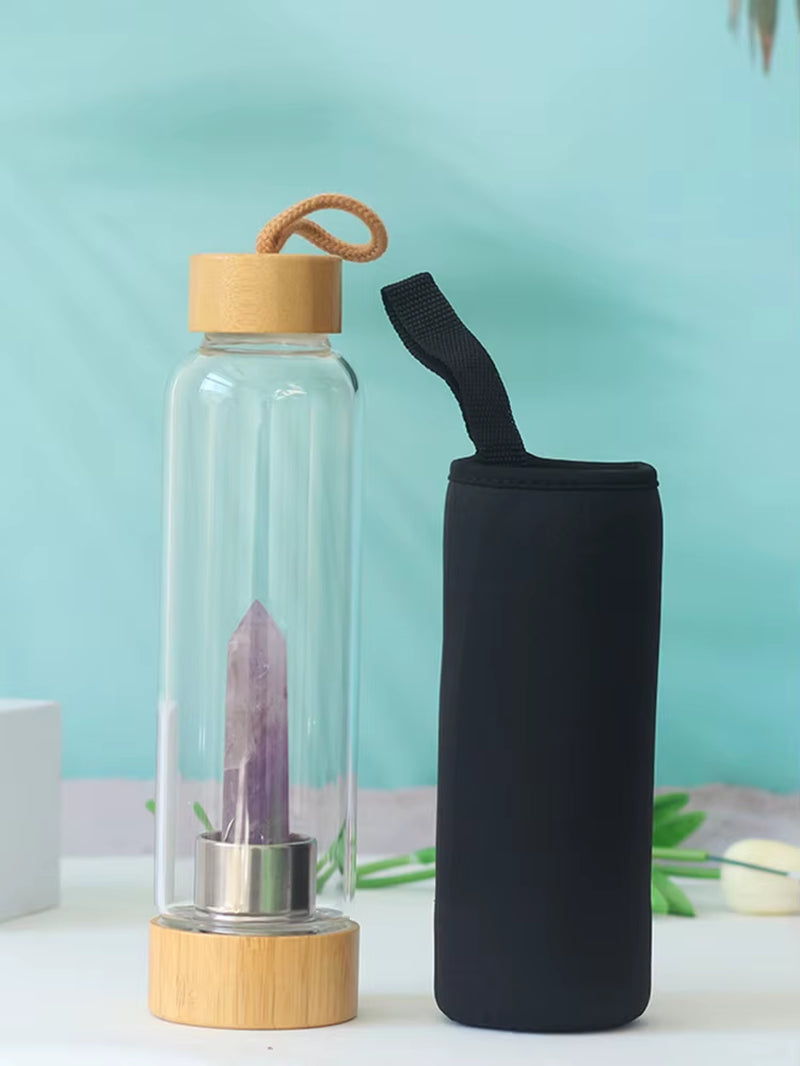 Water Bottle Natural Crystal Stone Diamond Point Healing Obelisk Wand Healing Elixir Quartz Crystal Gem Colors Rope Gemstone Cup