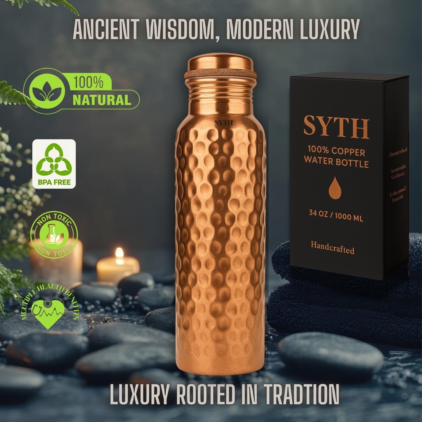 Luxury 100% Pure Copper Water Bottle - 34 OZ – |BPA Free| Ayurvedic Copper Drinking Bottle for Women and Men – | Lab-Tested, Heavy Duty & Leak-Proof | Copper Vessel (Luxury Gift Box Included)