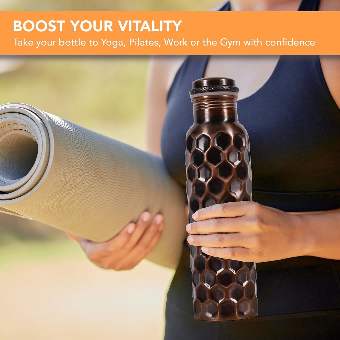 Pure Copper Water Bottle – 34oz Honeycomb Ayurvedic Vessel with Carry Pouch