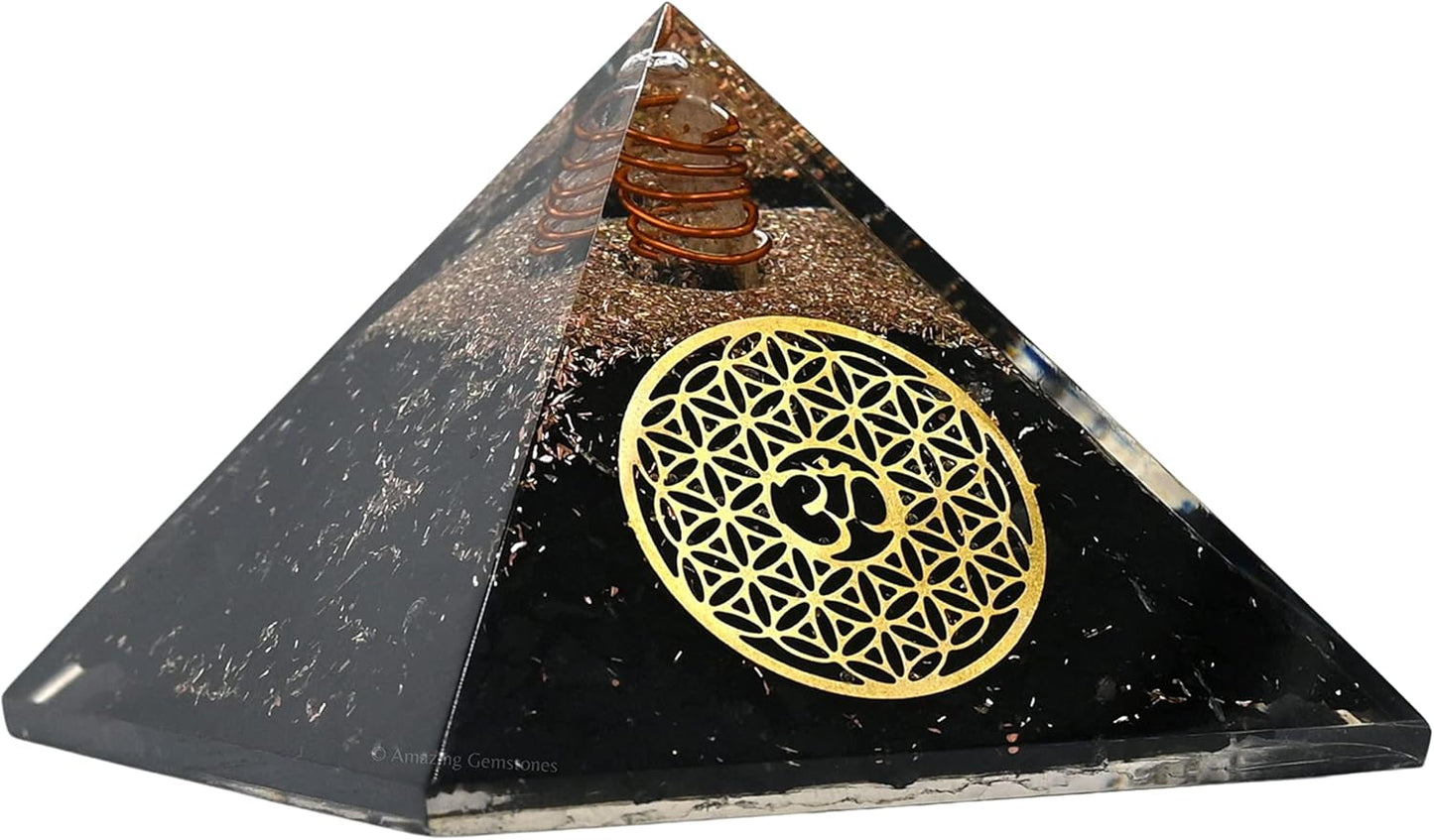 Black Tourmaline Orgone Pyramid – Lotus Flower of Life Energy Generator for Protection & Healing