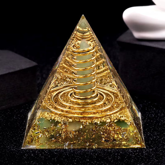 Peridot & Gold Sandstone Orgone Pyramid – Reiki Energy Generator (6cm)