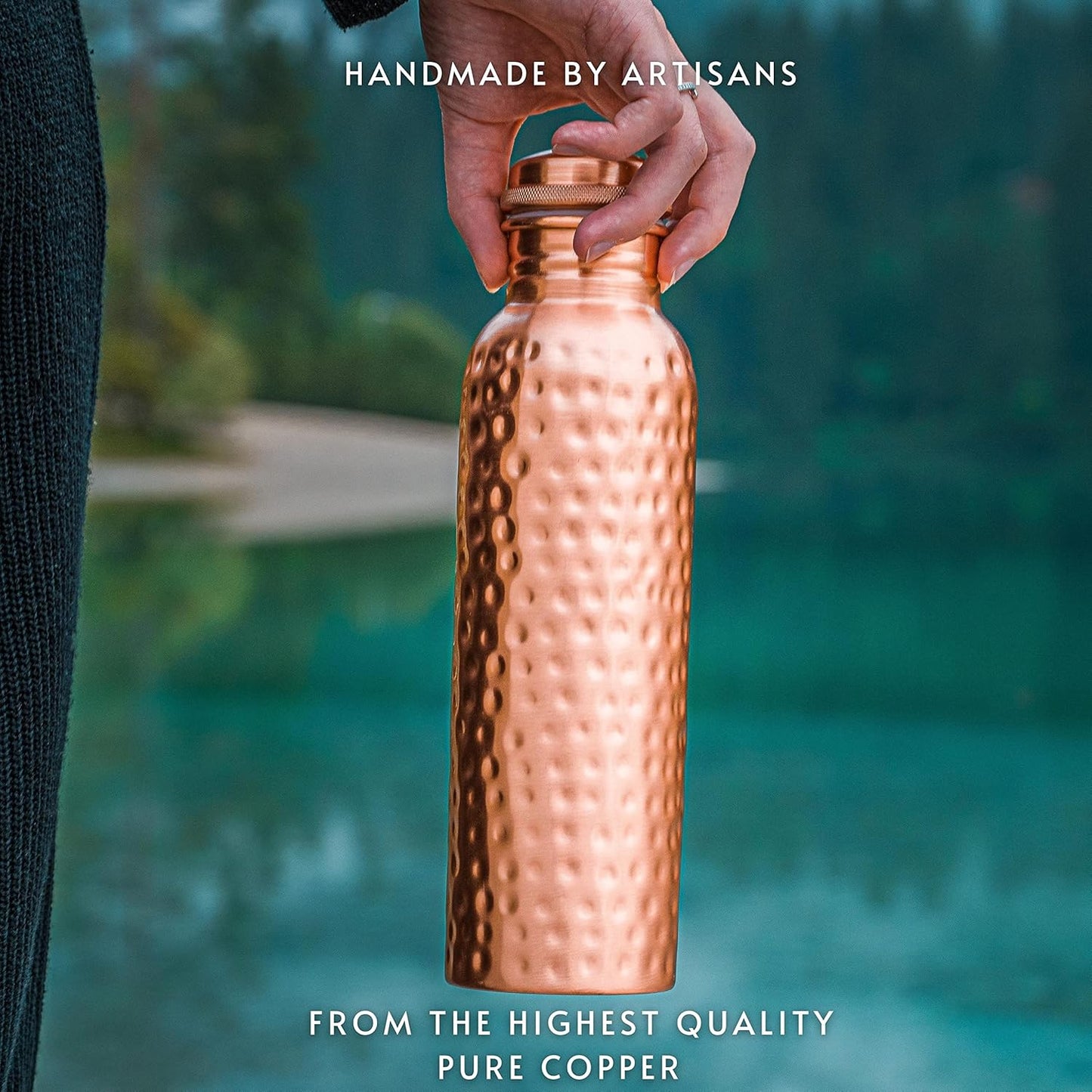 Handcrafted Pure Copper Water Bottle – 1L Ayurvedic Wellness Vessel (Hammered Finish)