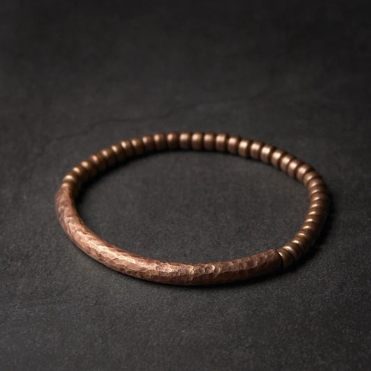 Handmade Hammered Pure Copper Cuff Bracelet – Vintage Oxidized Finish With Brass Accent Beads