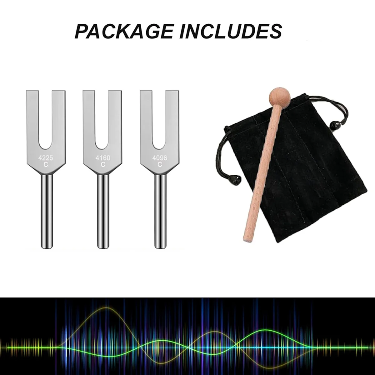 Angel Tuning Fork Set – 4096Hz, 4160Hz, 4225Hz | Includes Wooden Mallet & Soft Carry Bag